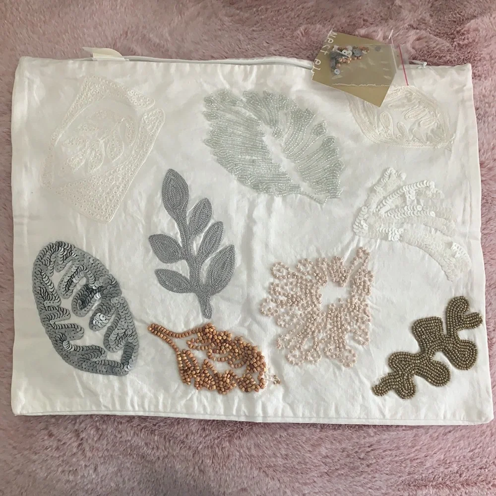 West Elm Sequin Beaded Leave Design White Pillow Cover